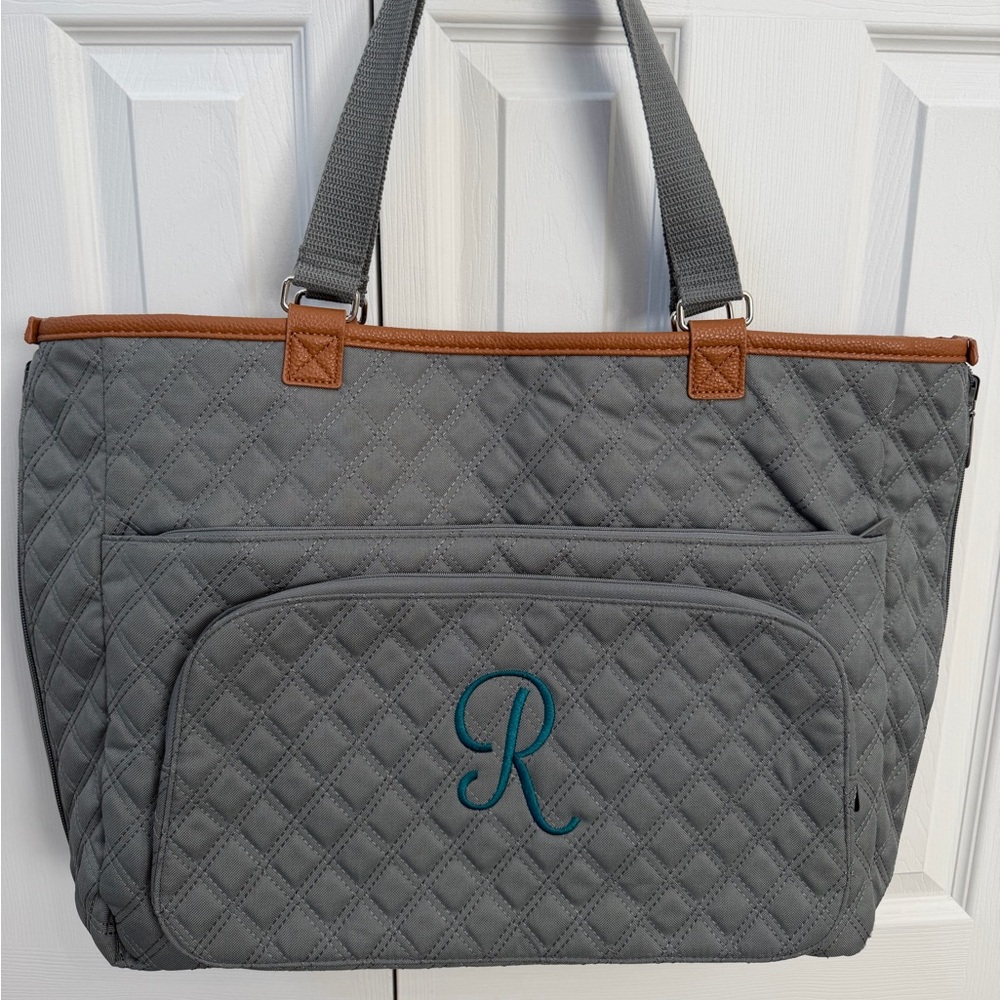 Thirty-One Quilted Gray Tote with Brown Accents